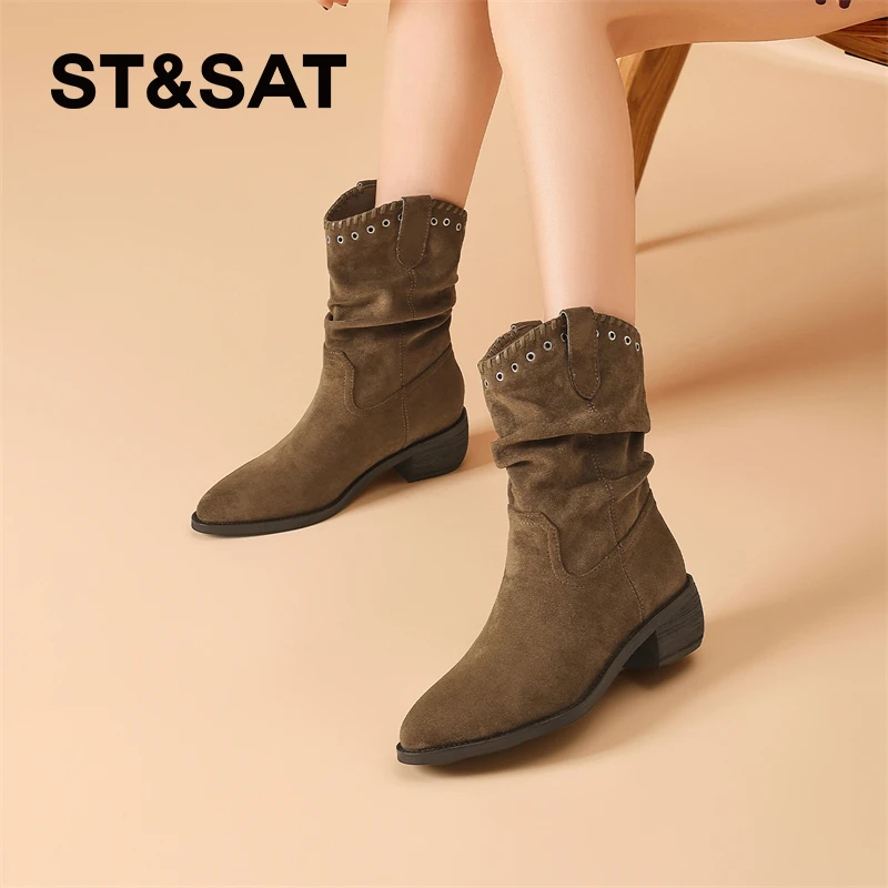 星期六5.5CM高跟复古绒面尖头时装靴女靴2025秋季新款褶皱堆堆靴