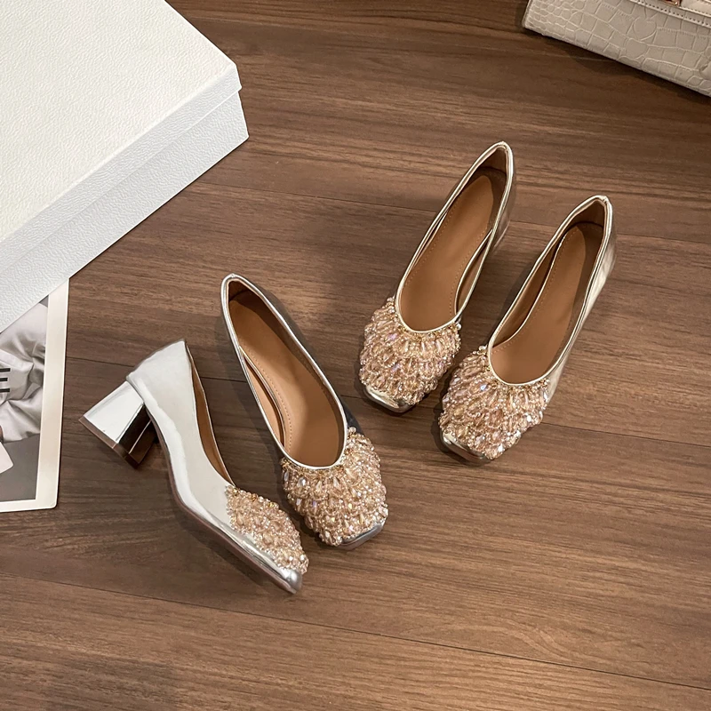 方头水钻珍珠仙女风单鞋女粗跟2025春秋新款不累脚气质宴会高跟鞋