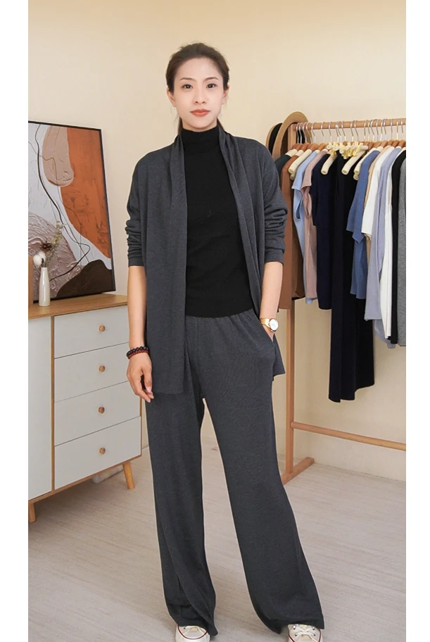 Phoebe/菲比 【纸片人套装】一体领开衫直筒裤桑蚕丝羊绒套装