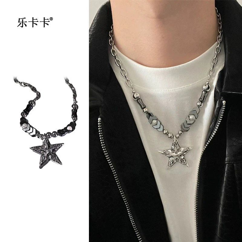 钛钢项链 朋克风嘻哈男亚文化个性重工五角星串珠项链女小众设计
