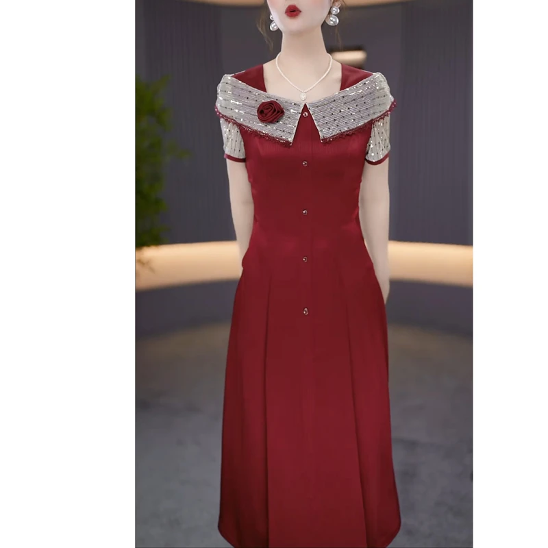 高端气质优雅红色收腰连衣裙女2025夏季新款时尚显瘦遮肉a字裙子