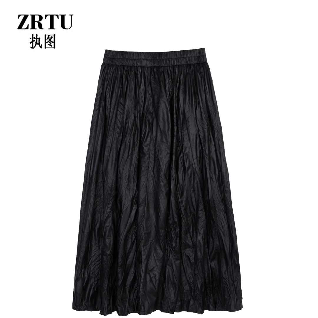 ZRTU执图2025新款拉夏贝尔褶皱肌理感半身裙高腰中长款皮裙