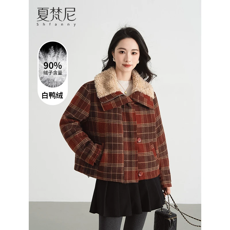 【珍妮麦芬】夏梵尼2024冬季新款毛毛翻领氛围格纹羽绒服