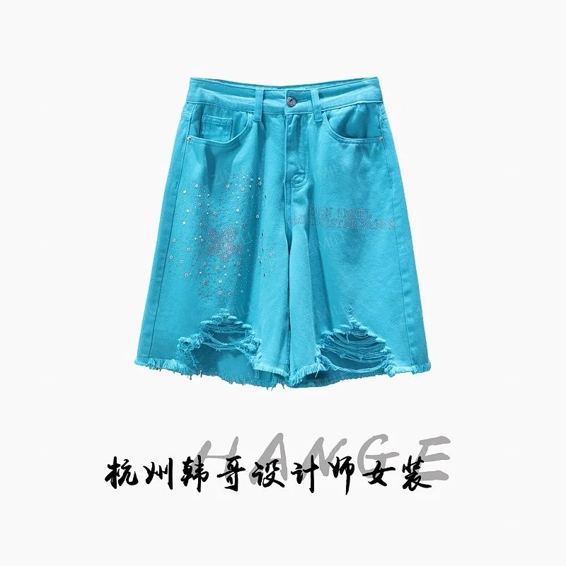【韩哥女装】夏季纯棉轻薄蒂芙尼蓝色烫钻时尚休闲牛仔短裤8025