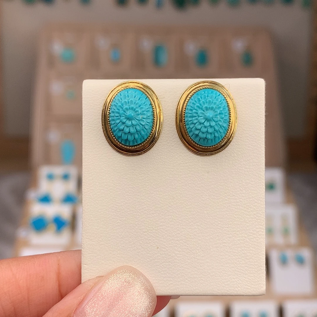 @***利绿松石18K金镶嵌耳饰