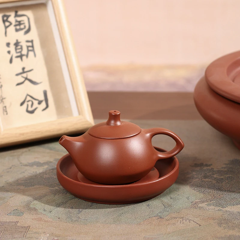 朱泥玉兔壶潮州手拉壶迷你三杯中式工夫小茶壶精美潮州朱泥手制壶