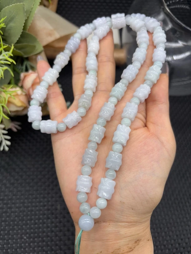 福利天然缅甸a货老坑翡翠白月光圆珠莲花竹节9mm玉石挂件绳毛衣链