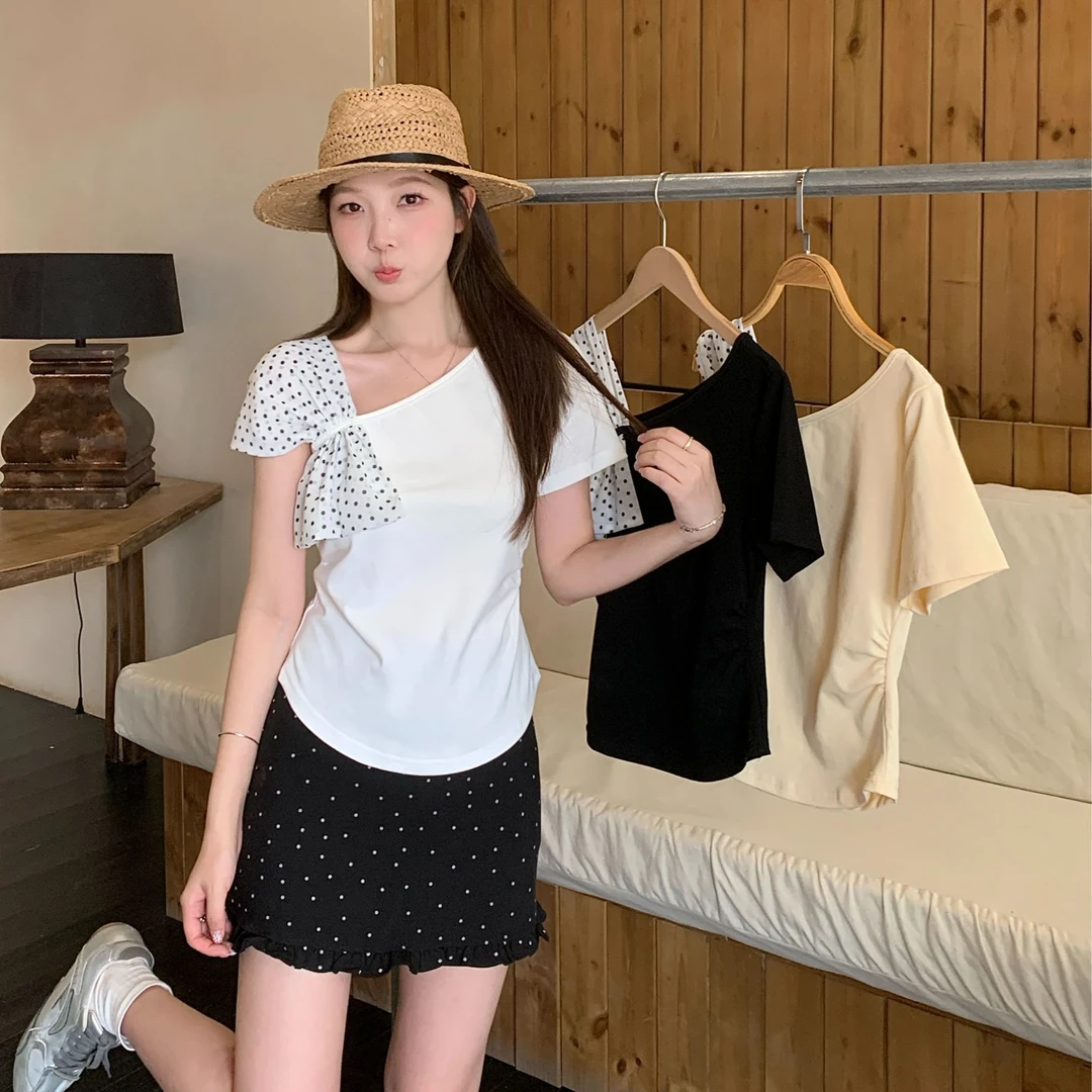 夏季新款胖mm大码甜辣蝴蝶结露肩T恤设计感斜肩修身上衣