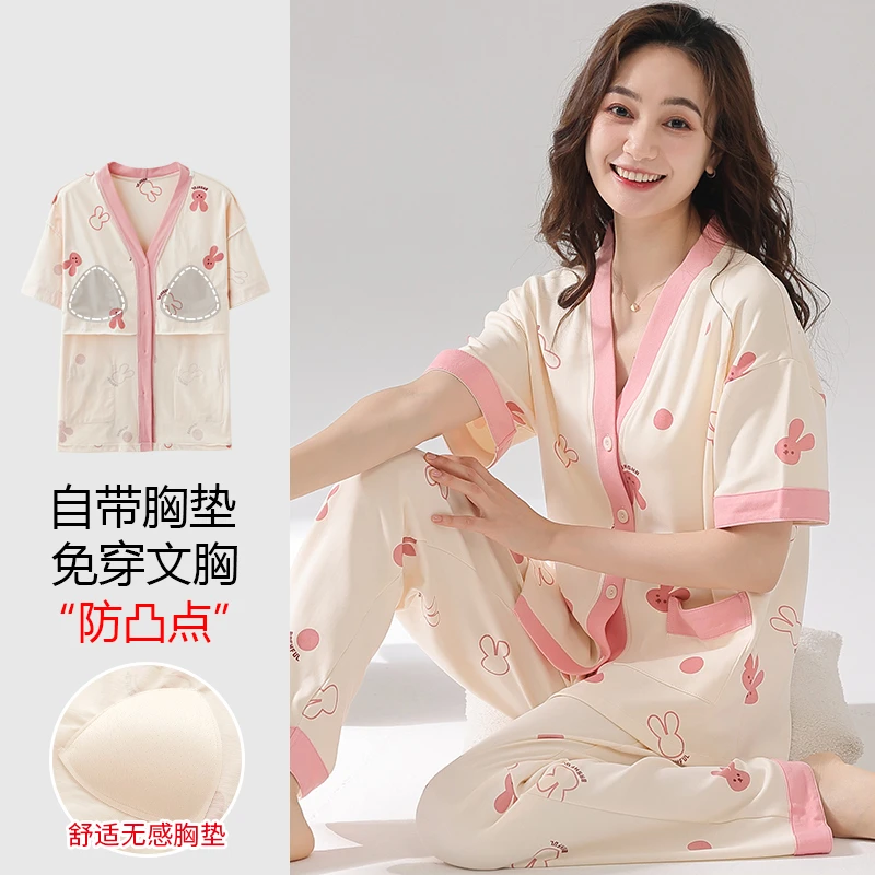 浪莎纯棉夏季睡衣女2025新款短袖家居服可外穿带胸垫女款大码套装