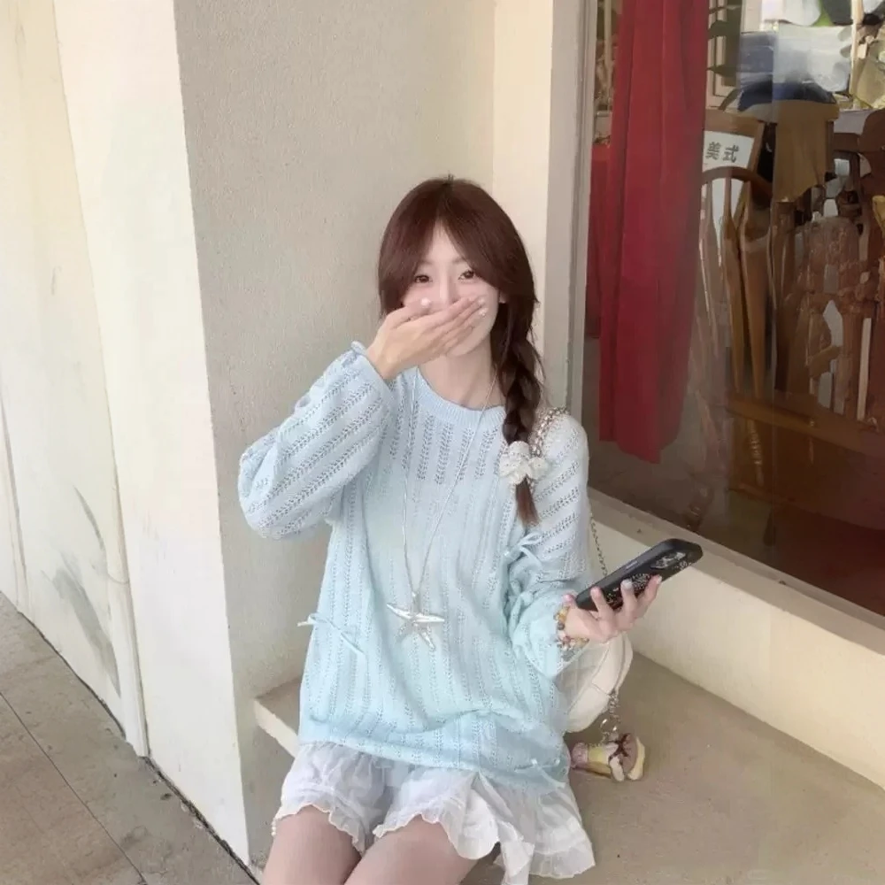 纯欲慵懒风蝴蝶结防晒罩衫针织衫轻薄透气遮肉显瘦百搭蓝色上衣