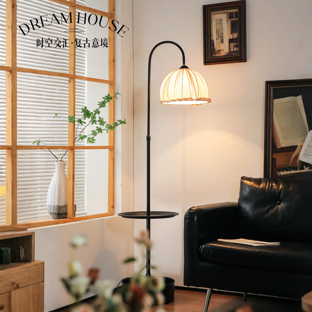 法式中古风落地灯卧室床头柜一体立式台灯美式茶几置物架钓鱼灯