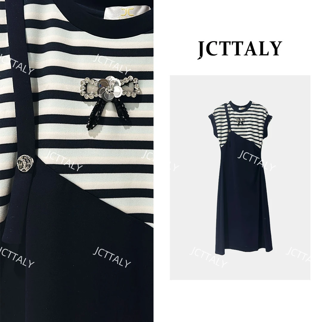 【小航】针织休闲减龄宽松条纹黑白海军撞色连衣裙JC-A3427