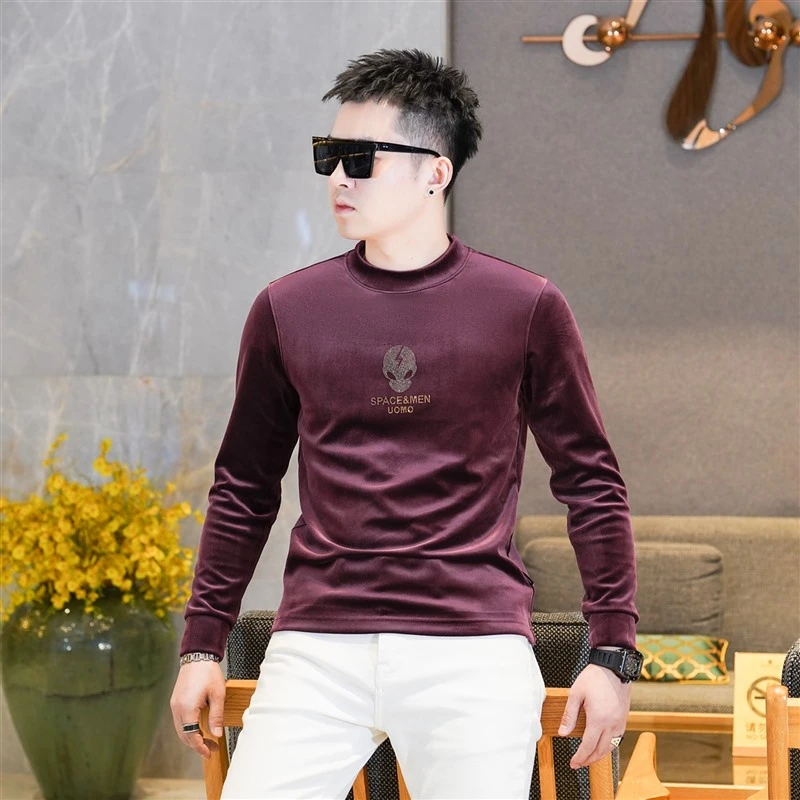 WICESANT乌茨森特金丝绒烫钻长袖t男秋冬新款弹力打底衫时尚休闲