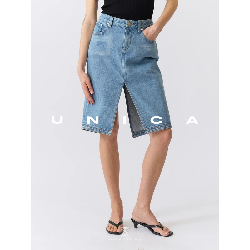 UNICA/摩登双开叉设计_进口牛仔棉牛仔半身裙