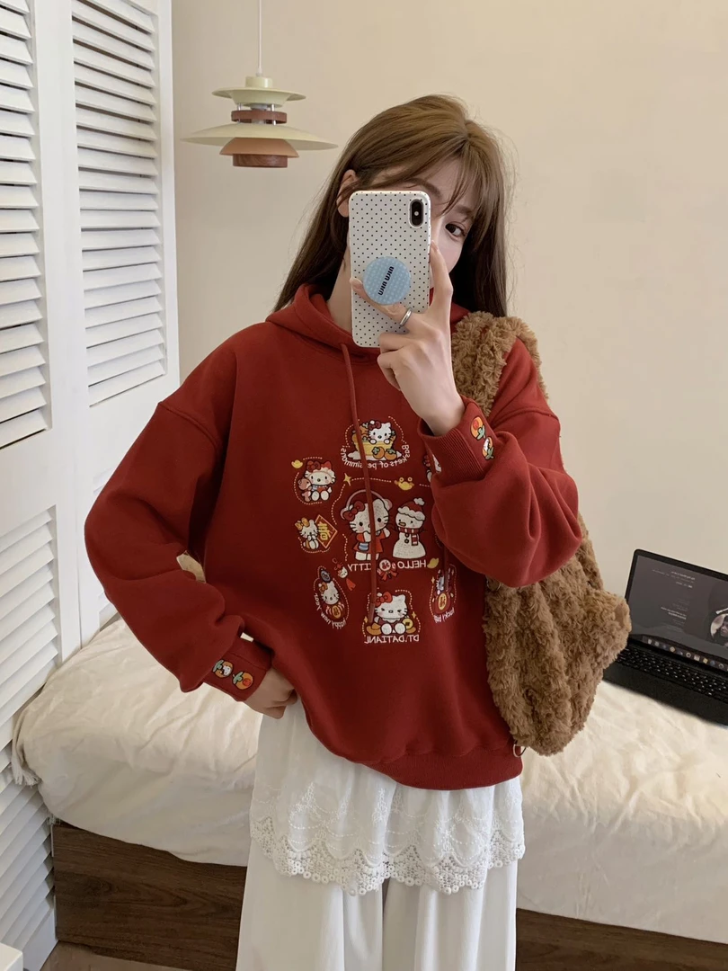 加绒元宝KT猫  加厚休闲百搭宽松遮肉显瘦长袖韩版连帽卫衣16762