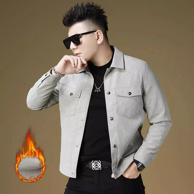 男士加绒加厚夹克2025新款冬季翻领上衣高端秋冬工装休闲男装外套