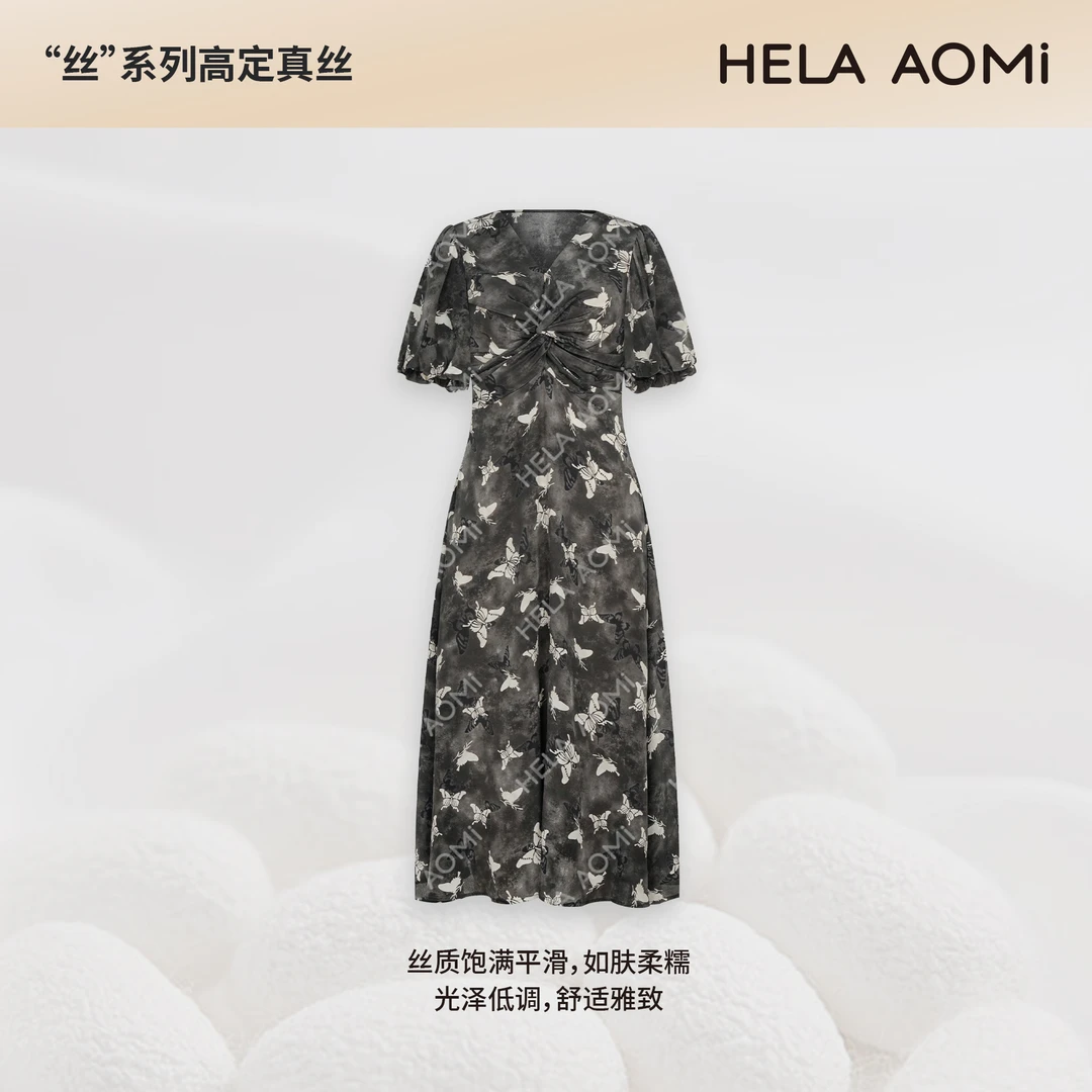 HELA AOMI“桑蚕丝100% 蝶舞曲”印花收腰薄款连衣裙CY5BC01269