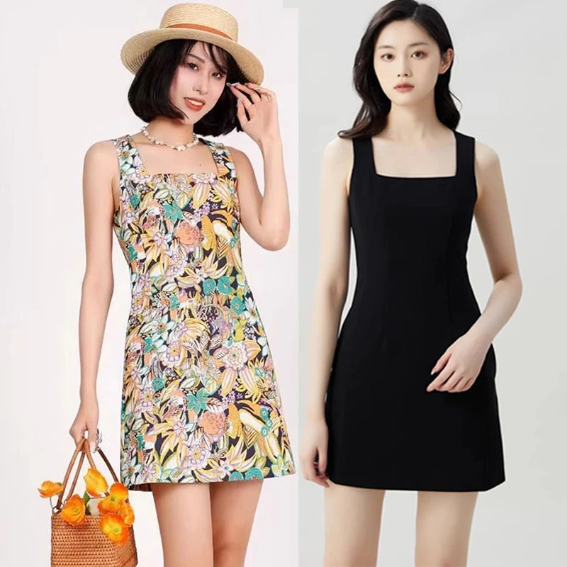 阿家同款裙子夏季显瘦辣妹风方领时尚百搭无袖背心连衣裙5500484