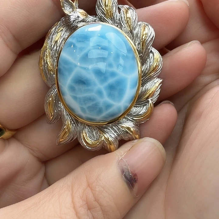 针钠钙石（海纹石）银S925镶嵌颈饰