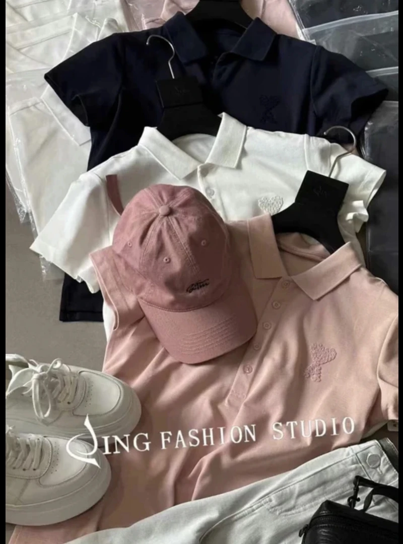 JING2024夏季款6001polo 衫T恤衫潮流休闲女装短袖百搭纯色上衣