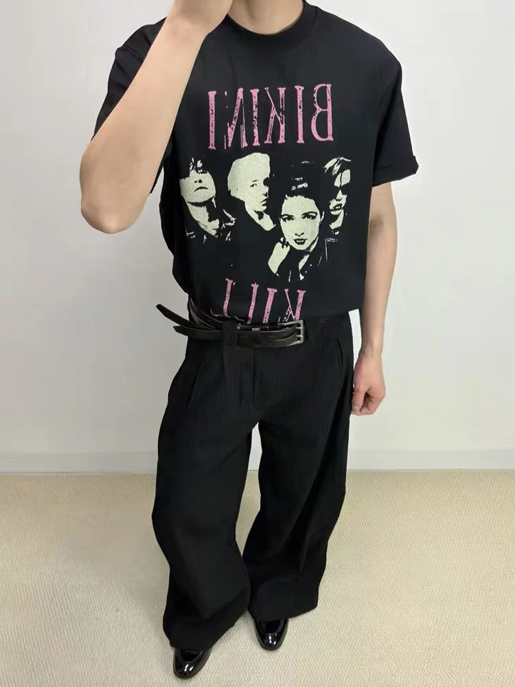 重磅纯棉印花高级感男生夏季短袖潮牌美式t恤cleanfit小领口半袖