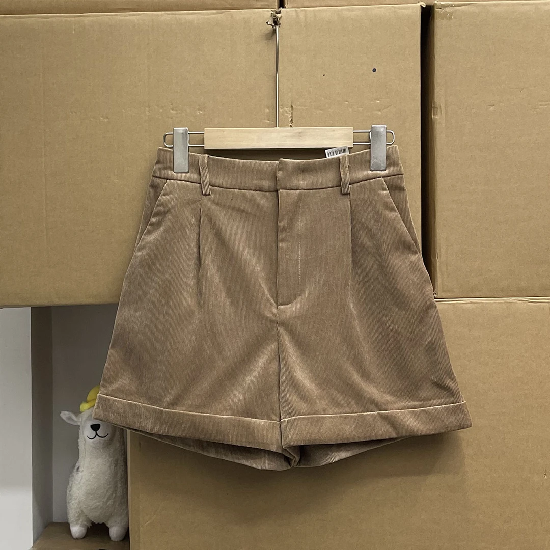 俄罗斯箪缘货！柔软细腻纯色灯芯绒女裤高腰女式休闲阔腿短裤