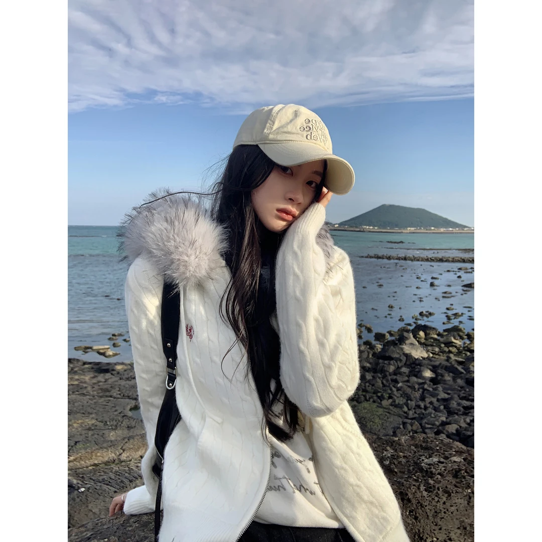 Vs what「汉诺慢调」可拆卸毛领连帽针织开衫秋季新款毛衣外套女