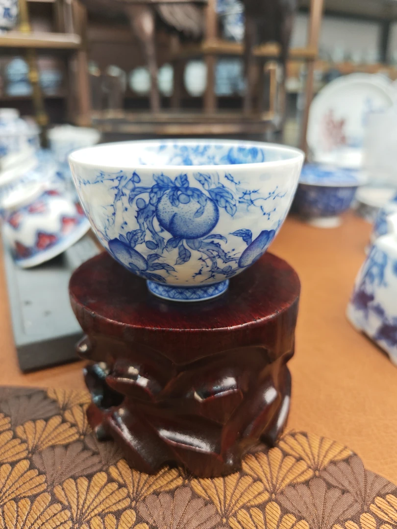 陶月楼仿清五桃鸡心杯满容100cc手工手绘陶瓷茶杯青花品茗杯茶具