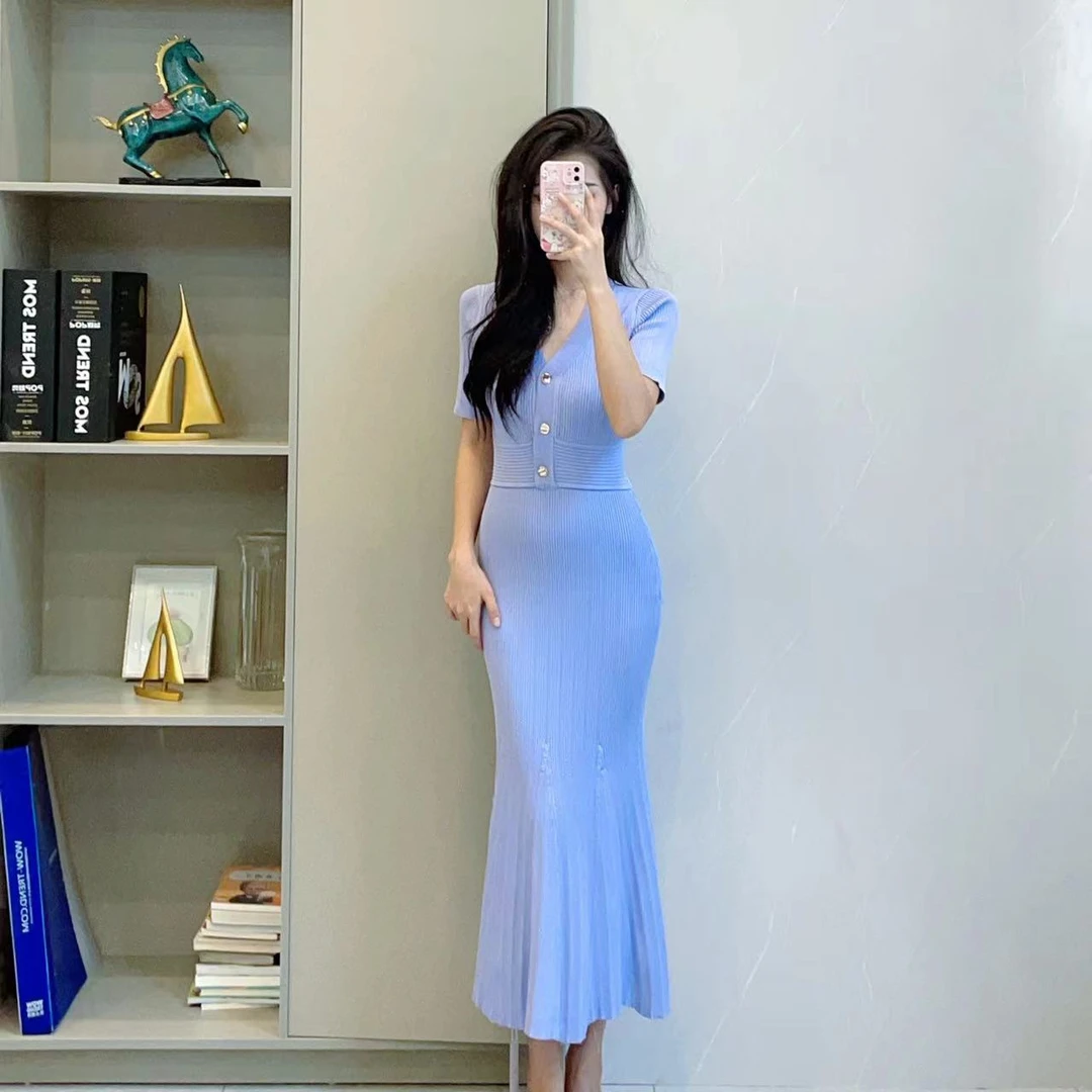 306显瘦蓝色气质针织时尚休闲优雅提花收腰修身连衣裙
