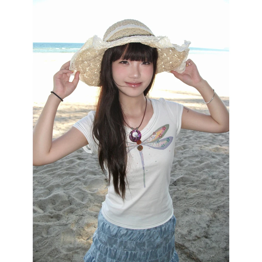 美式设计感手绘蜻蜓印花短袖t恤夏季辣妹修身显瘦v领正肩白色上衣