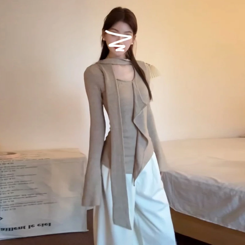 韩系设计感荷叶边围脖长袖打底衫T恤女修身显瘦上衣