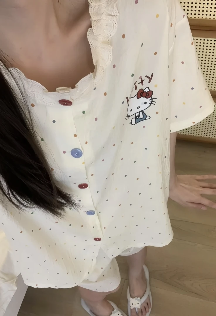 睡衣女甜美撞色波点夏季新款可爱印花短袖两件套舒适家居服可外穿