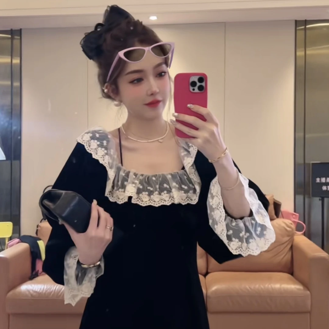 B24 高端法式~蕾丝边丝绒连衣裙 23Q0220001    显瘦气质复古时尚