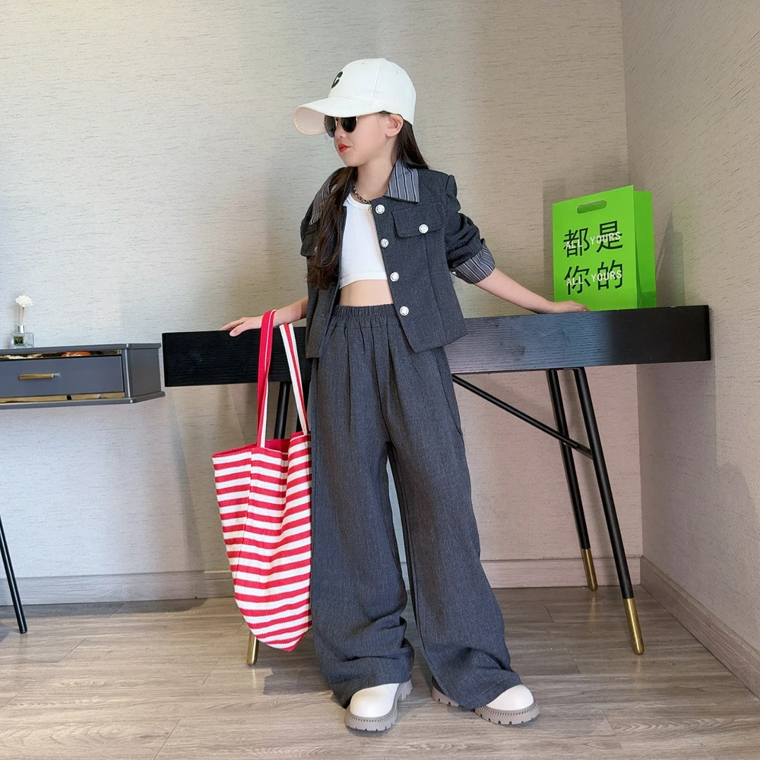 女童套装2025年新款儿童春秋装小香风西装外套直筒长裤韩版两件套