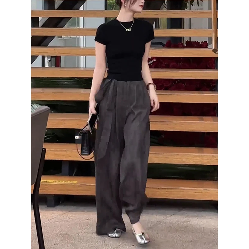 大码休闲套装女夏季纯色百搭显瘦恤上衣+飘带垂感阔腿裤两件套装