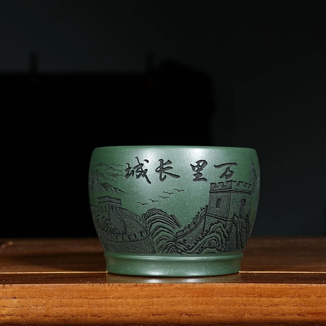 宜兴原矿绿泥刻绘万里长城紫砂主人杯容量150CC