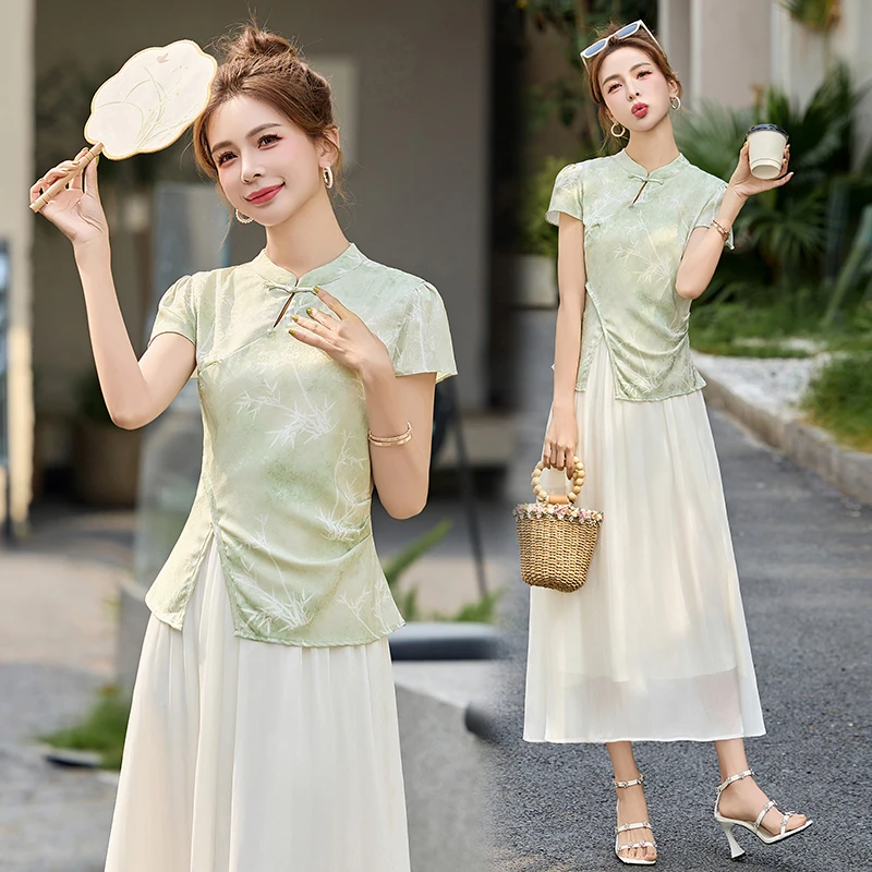 夏季立领碎花印花2025通勤风连衣裙气质女民族风时尚新中式两件套