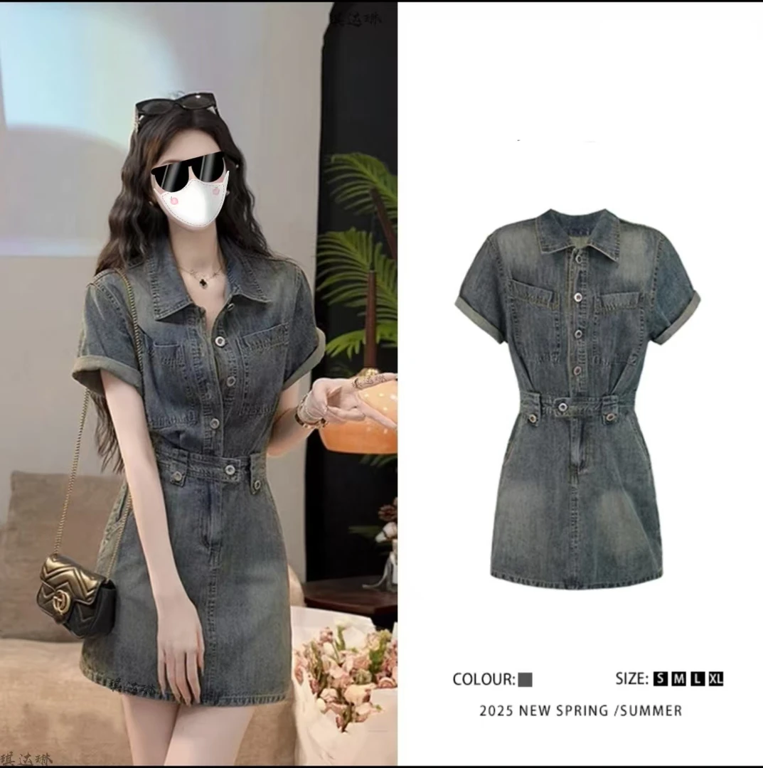 夏季新款韩版港风复古显瘦牛仔连衣裙女