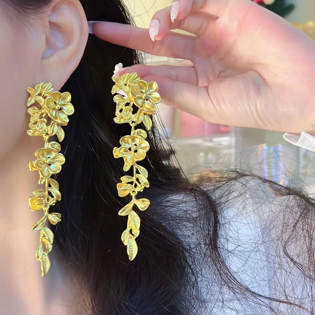 铜合金耳饰 s925银法式金色花朵流苏耳环夸张气质宴会耳坠 E0025