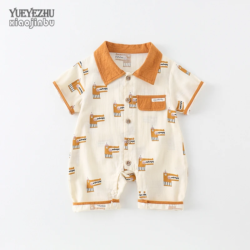 男宝宝夏装帅气连体衣新生婴儿衣服夏季薄款韩版印花翻领衬衣外出