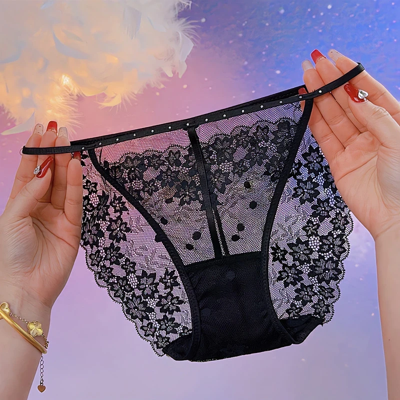 法式轻奢蕾丝钻饰提花火辣镂空女士内裤无痕细带高开叉时尚三角裤