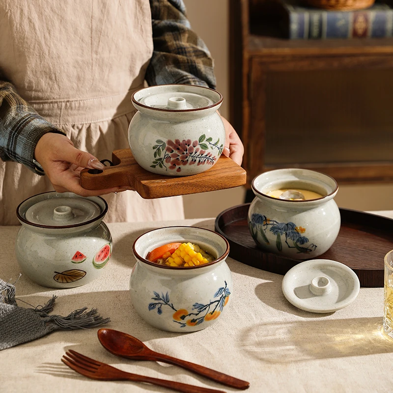 舍里中式复古瓦罐煨汤炖盅家用商用隔水炖一人蒸蛋带盖陶瓷煲汤罐