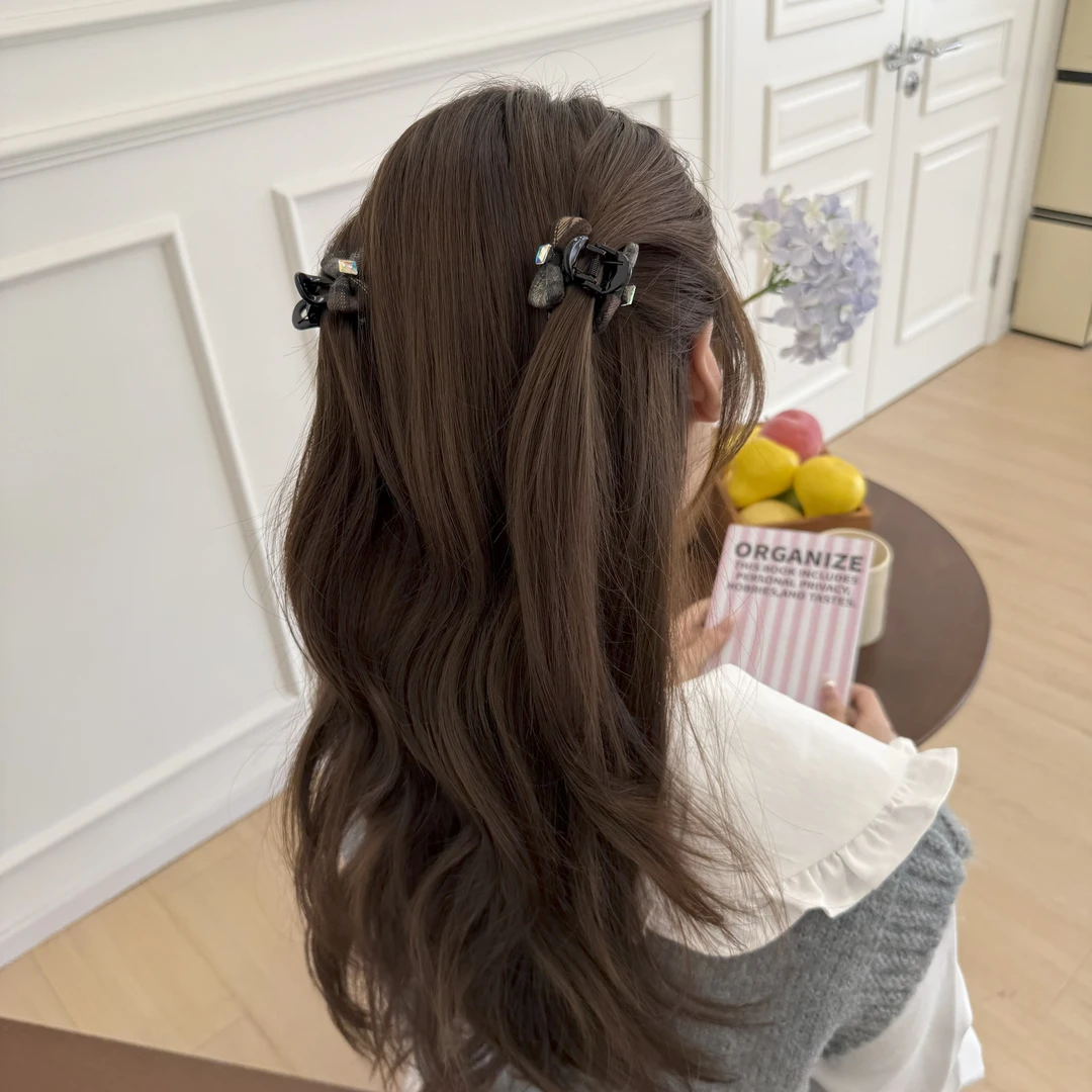 【流光牧野】精品水晶绒感咖色格子蝴蝶结百搭四公分抓夹4620（对）