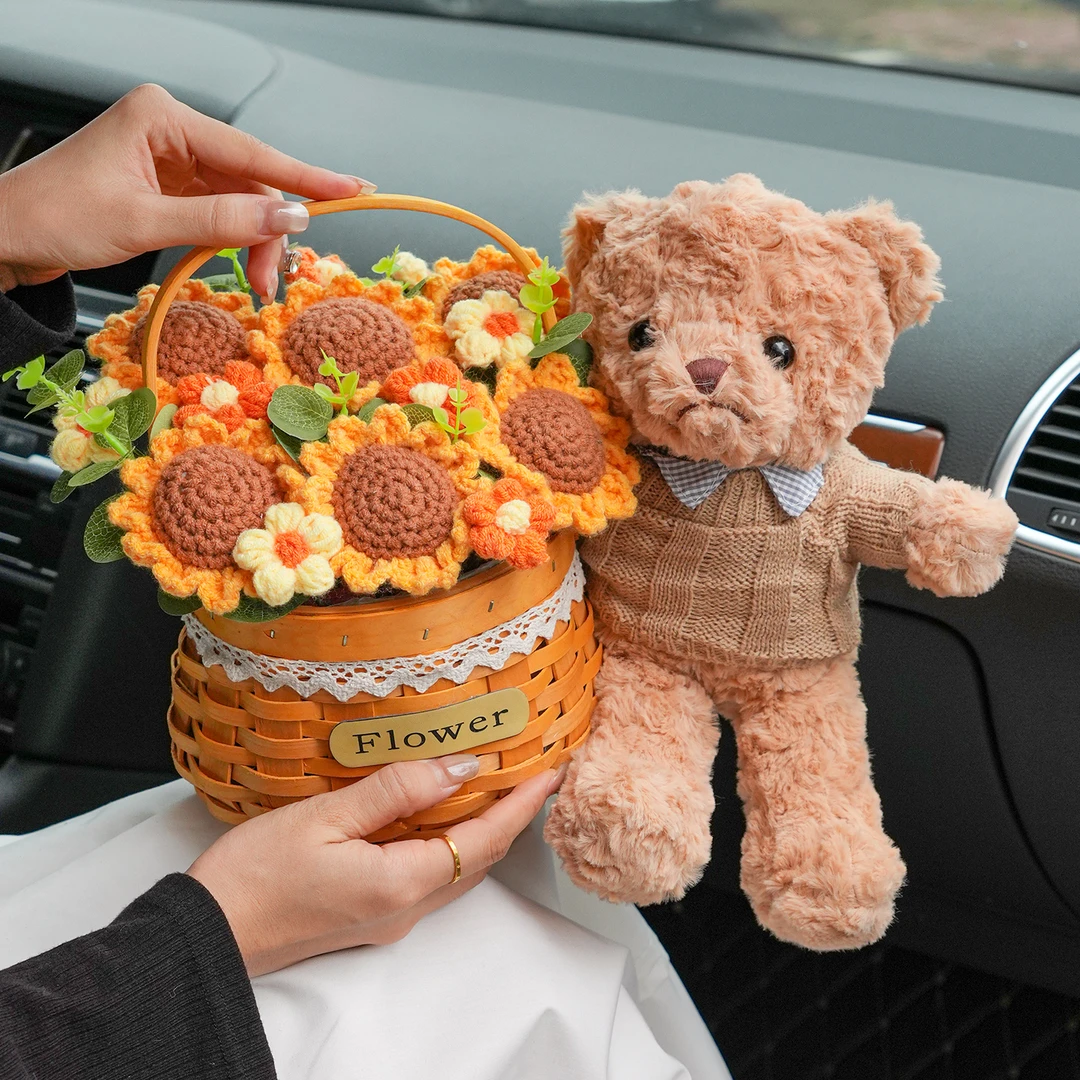 可爱泰迪小熊公仔娃娃玩偶针织向日葵毛线花束生日礼物送女生闺蜜