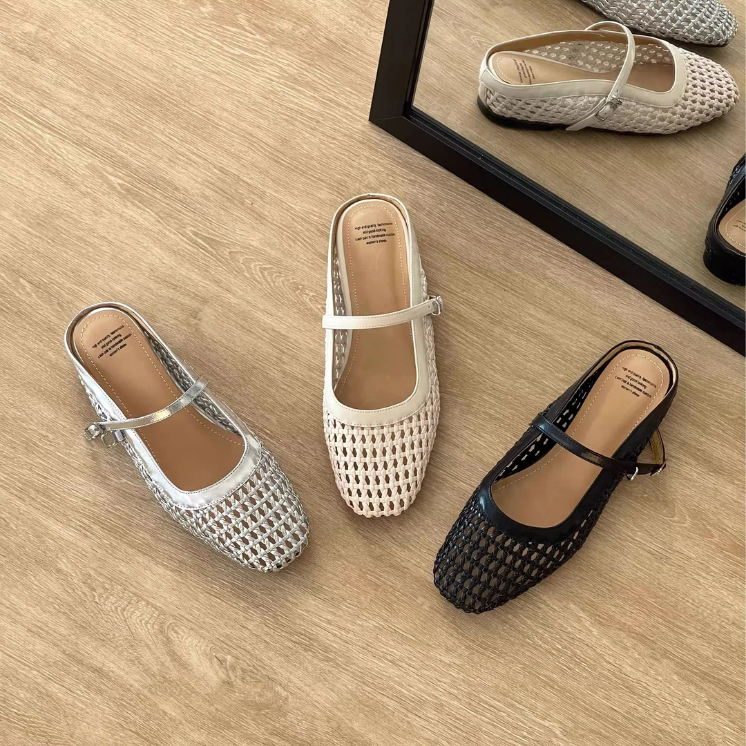 HUSSLOVE 羊皮+编织·跟高4CM·百搭重工编织镂空包头半拖凉鞋