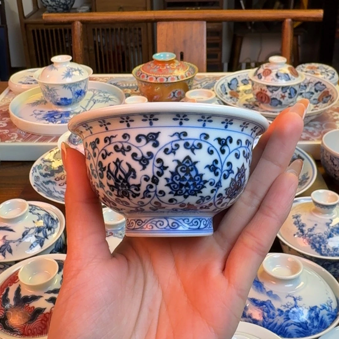 杯柴窑烧制缠枝莲压手杯纯手绘