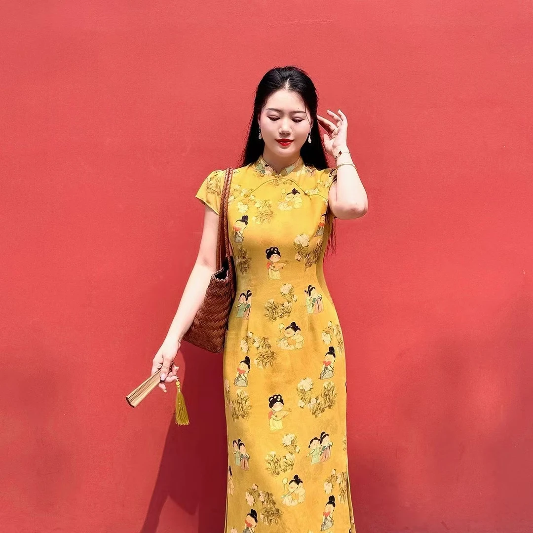 YH-66828大码女装胖mm新中式改良复古旗袍连衣裙夏新款日常长裙