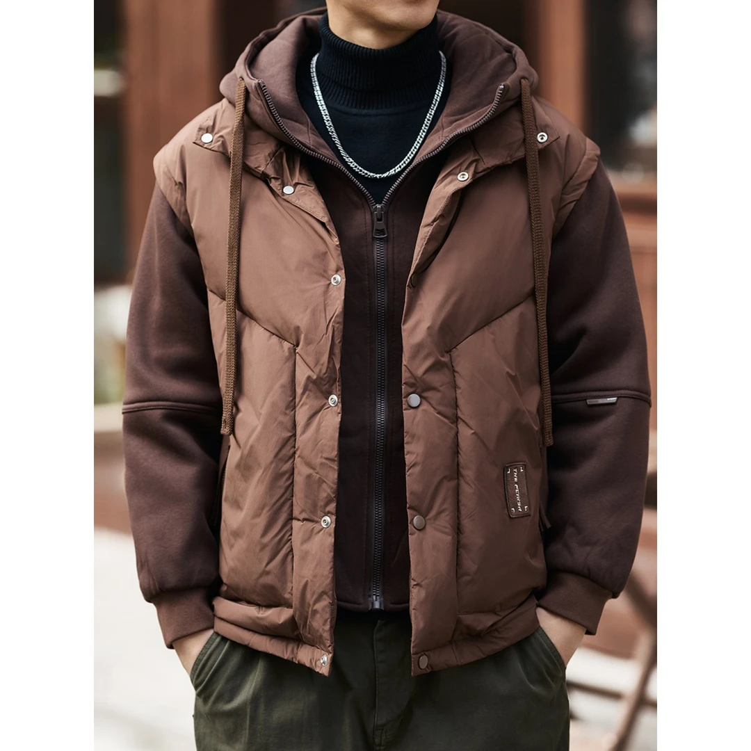 LEIGHZ/雷茨连帽工装羽绒服男冬季潮牌鸭绒卫衣拼接重磅外套