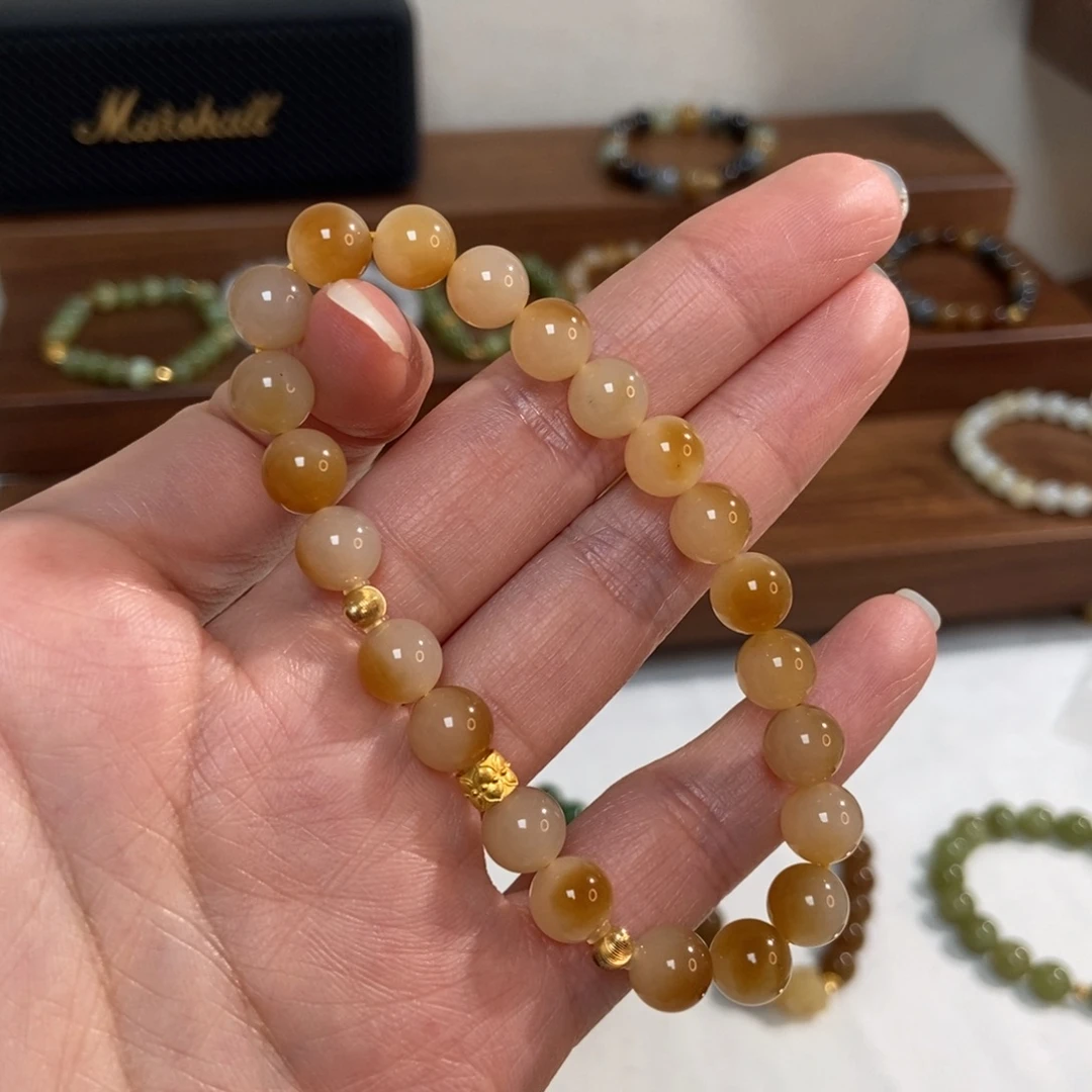 和田玉18K金镶嵌手链8mm糖白精品