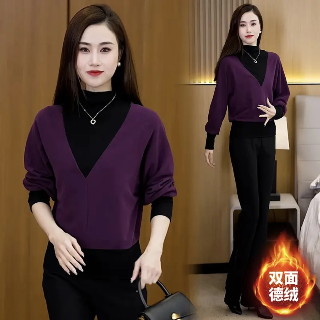 早秋妈妈装宽松小衫半高领打底衫女2025秋冬新款假两件双面德绒